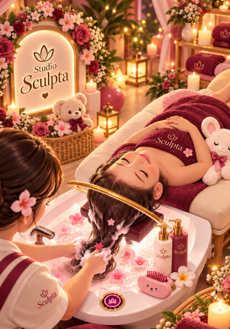 Sessão de head spa infantil no Studio Sculpta, com decoração rosa, flores e produtos Sculpta